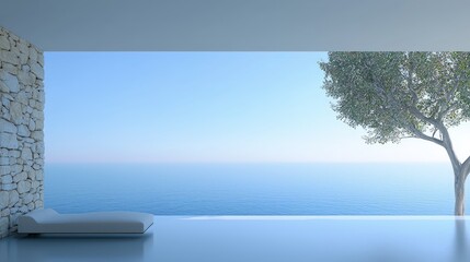 Canvas Print - Modern minimalist room with ocean view, stone wall, and chaise lounge.