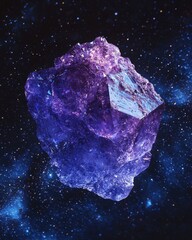Poster - Raw tanzanite gemstone with vibrant violet hues floating in cosmic space background abstract imagery high-resolution