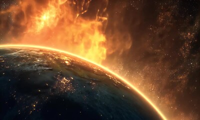 Wall Mural - A vibrant cosmic scene depicting Earth and a radiant explosion in space.