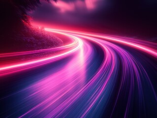 Poster - Dynamic pink and violet light trails moving diagonally in night landscape abstract modern art