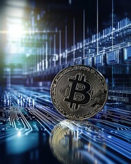 Poster - Illuminated cryptocurrency coin display digital environment macro technology concept