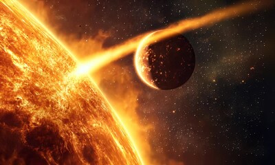 Wall Mural - A vibrant depiction of the sun's surface alongside a fiery planet in space.