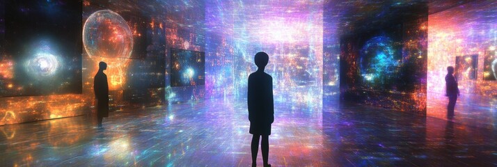 Aufkleber - Visitors explore a futuristic digital gallery with glowing cosmic artworks and vibrant avatar interactions. Generative AI