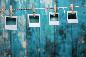 Poster - Polaroid photos displayed on a string with clothespins against a colorful wooden background. Generative AI