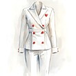 © Woranuch - Watercolor illustration of a stylish women's white pantsuit with red heart detail.