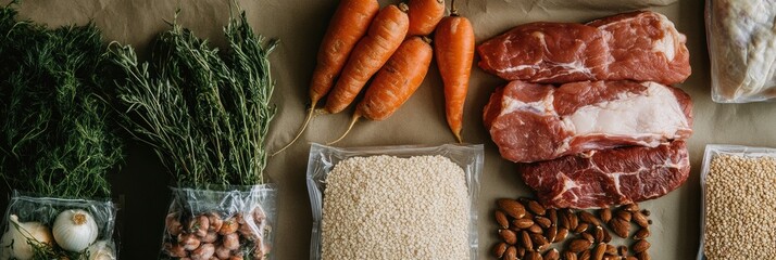Poster - Fresh vegetables, meat, and grains arranged neatly on a kitchen countertop ready for meal preparation. Generative AI
