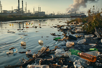 Wall Mural - Industrial Pollution Plastic Waste Contaminating a River Near a Factory