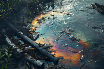 Wall Mural - Environmental Pollution The Impact of Plastic and Industrial Waste on Water Ecosystems