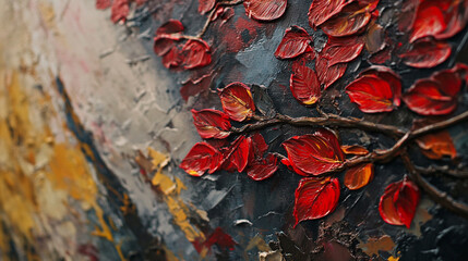 Poster - Vibrant red leaves on textured canvas represent autumn's beauty in artwork. 
