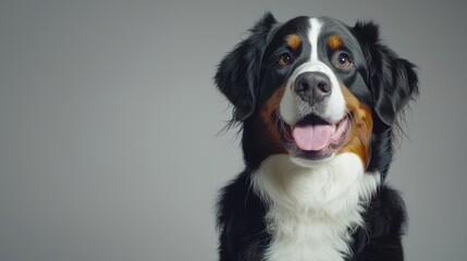 Wall Mural - Happy Bernese Mountain Dog With Bright Smile Against Gray Background