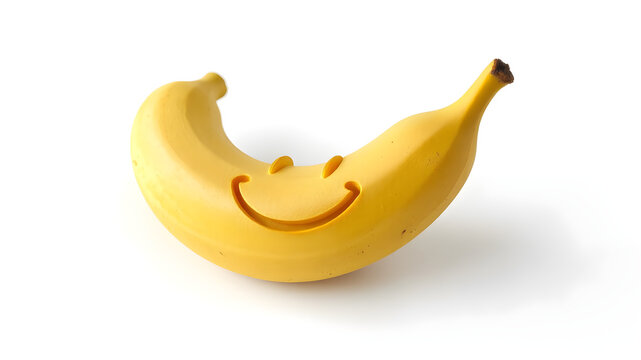 A bright yellow banana with a smiley face carved into its peel, the texture of the carved area and smooth banana skin highly detailed, isolated on a white background, rendered in 8K