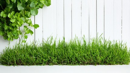 Wall Mural - Fresh green grass by white wooden fence.