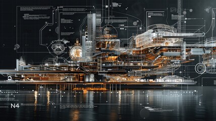 Poster - Explore a detailed blueprint of a futuristic architectural concept featuring innovative structures and digital elements, emphasizing modern design and technology.