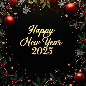 Happy new year 2025 greeting card with Christmas theme background
