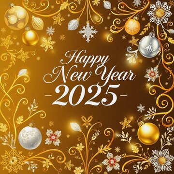 Happy new year 2025 greeting card with Christmas theme background