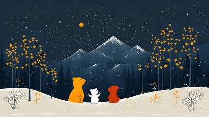 Canvas Print - Bears Watch Snow Fall Gently on Snowy Mountain with Winter Night Sky