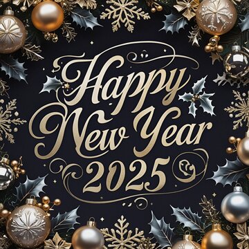 Happy new year 2025 greeting card with Christmas theme background