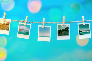 Poster - Polaroid photos displayed on a string with clothespins showcasing memories against a colorful backdrop. Generative AI