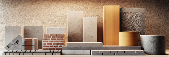 Aufkleber - Variety of construction materials including bricks, wood, and concrete blocks arranged on a display wall for design inspiration. Generative AI