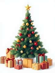 there is a christmas tree with presents around it and a star on top.