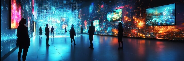 Aufkleber - Visitors explore an immersive digital gallery filled with vibrant virtual artworks and engaging avatars in a contemporary exhibition space. Generative AI