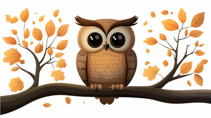 Wall Mural - Owl Sits on Branch with Autumn Leaves Gently Falling