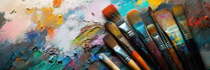 Aufkleber - Artist brushes and colorful paints arranged on a canvas with ample space for creativity and inspiration. Generative AI