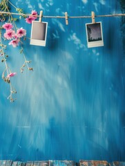 Poster - Polaroid photos displayed on a string with clothespins against a blue background. Generative AI