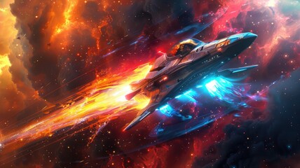 Poster - A stunning depiction of a vibrant spaceship navigating through an intense cosmic vortex, filled with bright colors and dynamic light, perfect for space exploration themes.