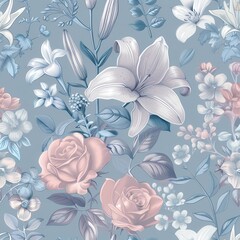 Poster - Elegant floral pattern with pastel roses and lilies designed for interior decoration in serene blue tones. Generative AI
