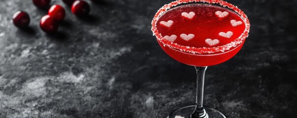 Wall Mural - A Valentine Cosmopolitan in a sleek glass, with a cranberry red hue and heart shaped sugar decorations on the rim