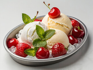 A tray with two scoops of ice cream - one vanilla and one strawberry,