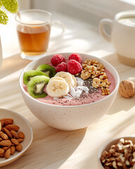 Wall Mural - Vibrant Smoothie Bowl with Banana, Kiwi, and Chia Seeds on a Sunlit Table  

