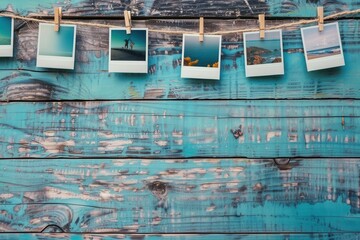 Poster - Polaroid photos displayed on string with clothespins against a rustic blue wooden background creating an inviting atmosphere. Generative AI