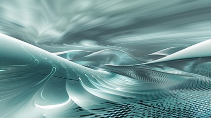 Poster - Explore an abstract cybernetic landscape depicting fluid waves and digital textures. This modern design creates an immersive atmosphere in cyberspace, evoking tranquility.
