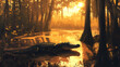 © Thiago - A large alligator basks in the shallows of a swamp, with a warm, golden light filtering through the trees. Shallows. Illustration