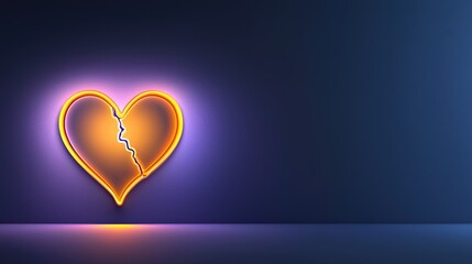 Poster - Flat vector art of a broken heart neon light glowing vividly on a dark wall. A powerful illustration of heartbreak and breakup, perfect for nightclub or nightlife-themed backgrounds.