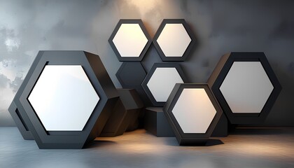 Poster - Innovative hexagonal display design modern interior 3d render stylish environment contemporary viewpoint minimalist concept for enhanced aesthetics