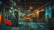 © musa - Red forklift in a large, dimly lit warehouse with pallets and other machinery.
