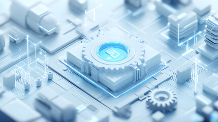 Isometric Computer Programming Icon, 3D Illustration, Semi-Transparent Layer Style, Unreal Engine 5 Theme, Light White and Blue Tones, Glass Material, Data Visualization, Industrial Machinery Aestheti