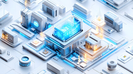 Isometric Computer Programming Icon, 3D Illustration, Semi-Transparent Layer Style, Unreal Engine 5 Theme, Light White and Blue Tones, Glass Material, Data Visualization, Industrial Machinery Aestheti