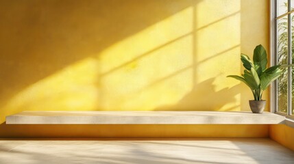 Poster - Minimalist interior design with yellow wall, sunlight, plant, and concrete shelf.