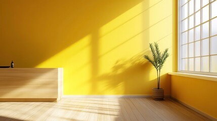 Sunlit minimalist room with yellow wall, wooden counter, potted plant, and large window.