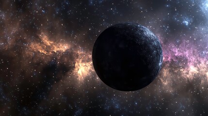Poster - A dark planet floats in a vibrant nebula, surrounded by colorful cosmic dust and stars.