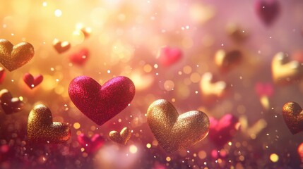 Poster - Glittering Hearts in Soft Focus with Warm Light Bokeh Background