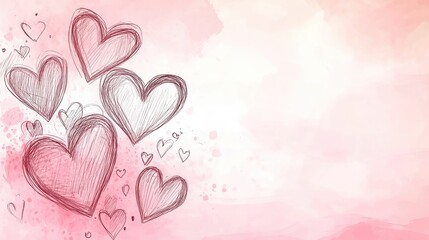 Poster - Hand-drawn hearts on soft pink watercolor background design