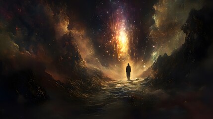 Poster - cosmic journey of self-discovery ethereal landscape digital art celestial environment wide angle spi
