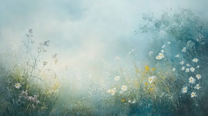 Poster - Serene misty meadow with wildflowers, soft light, and dreamy atmosphere.