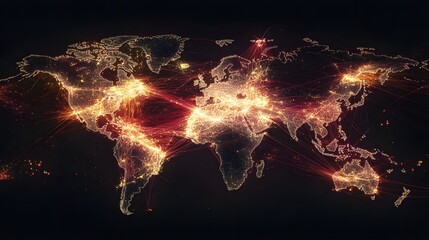 Poster - Global data flow visualization world map digital art night scene aerial view connectivity concept