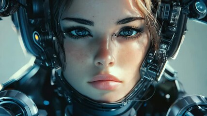 Poster - Cinematic close up portrait of a female cyborg showcasing advanced technology and intricate details, Female cyborg portrait cinematic close up zoom